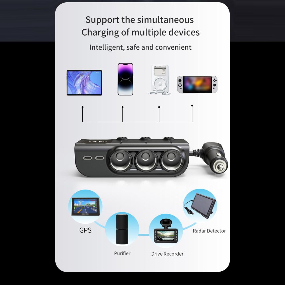 Car Chargers 120W Quick Charging Adapter 3 Socket Power Splitter 12 24V with 3 USB Ports+2 Type C Ports Volatge Display