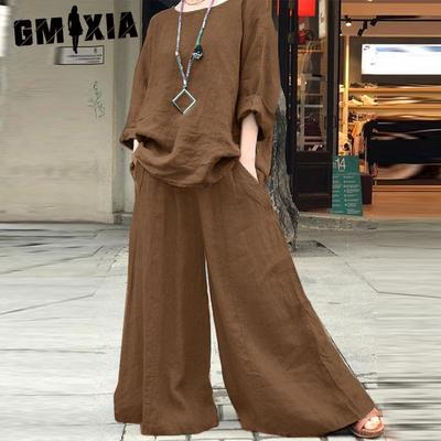 Women's Fashion Casual Loose Solid-color Cotton and Linen Two-piece Set