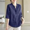 Women Casual V-Neck Solid Color Loose 3/4 Sleeve Blouse