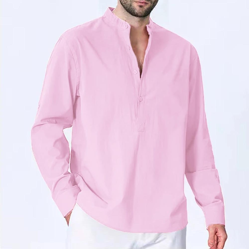 Jarní bavlněné lněné košile pro muže Regular Fit Business Ležérní Halenka s dlouhým rukávem Mandarinový výstřih Jednobarevné Módní tričko s designem knoflíků