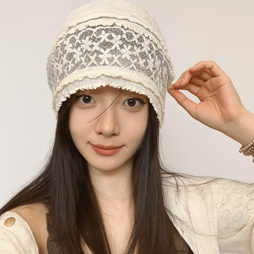 Breathable Beanies Hat Y2k Flower Cap Retro Embroidered Lace Hat Girls