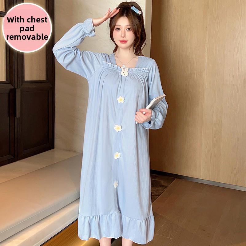Women's Cute Sweet Long-Sleeve Nightdress with Chest Pad, Medium-Length, Plus Size Home Wear for Spring & Autumn