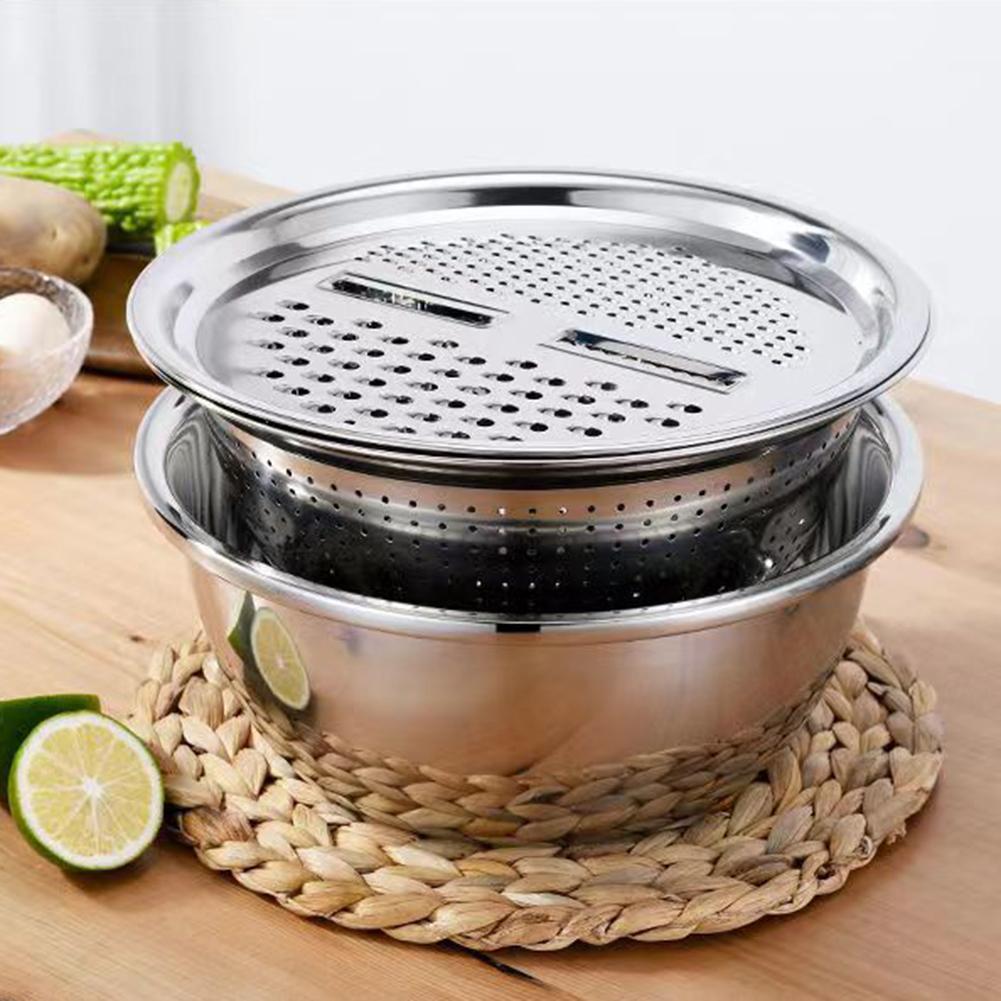 3-Piece Set Thickened Grater Bowl Drain Basket Stainless Steel Vegetable Fruit Drain Filter Basket Rice Rinser Dough Mixing Bowl
