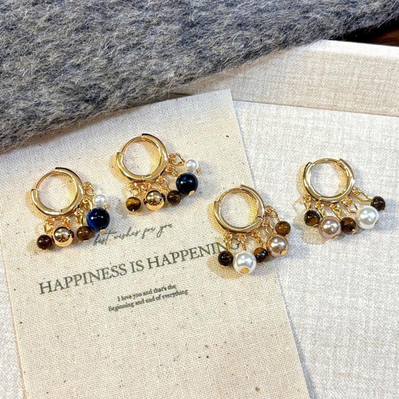 Mallard Color Block Beaded Hoop Earrings Women Brown Stone Pearl Retro Luxury Elegant Design Ear Accessories Commute Daily Gift