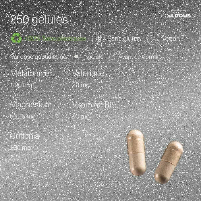 Aldous bio - mélatonine 1,9 mg - 250 nuits - avec 5htp, magnésium, valériane, vitamine b6 – pilules pour bien dormir, insomnie