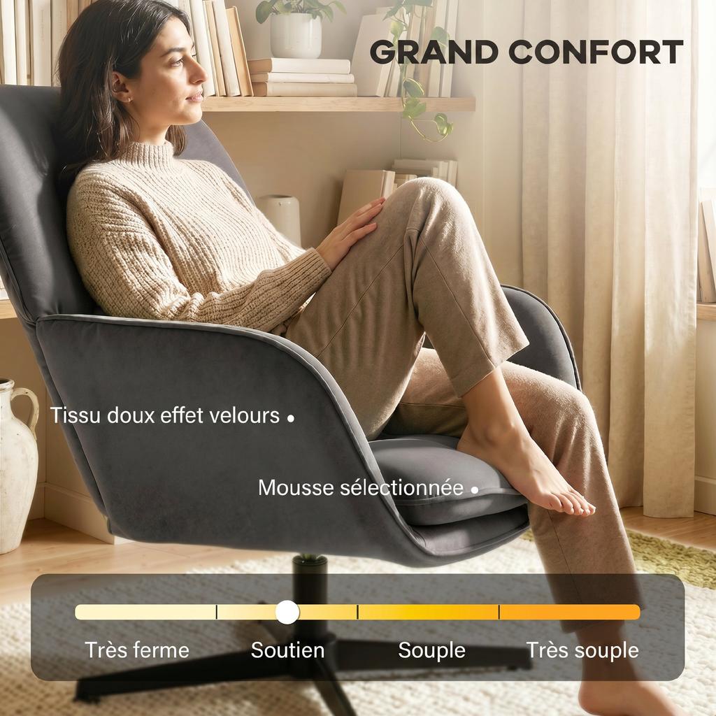 Lounge Chair, Upholstered Velvet Accent Chair, Metal Frame, Dark Grey