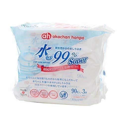 

Akachan Honpo 99% Water Super Wet Wipes for Newborns, 90 sheets x 3 packs