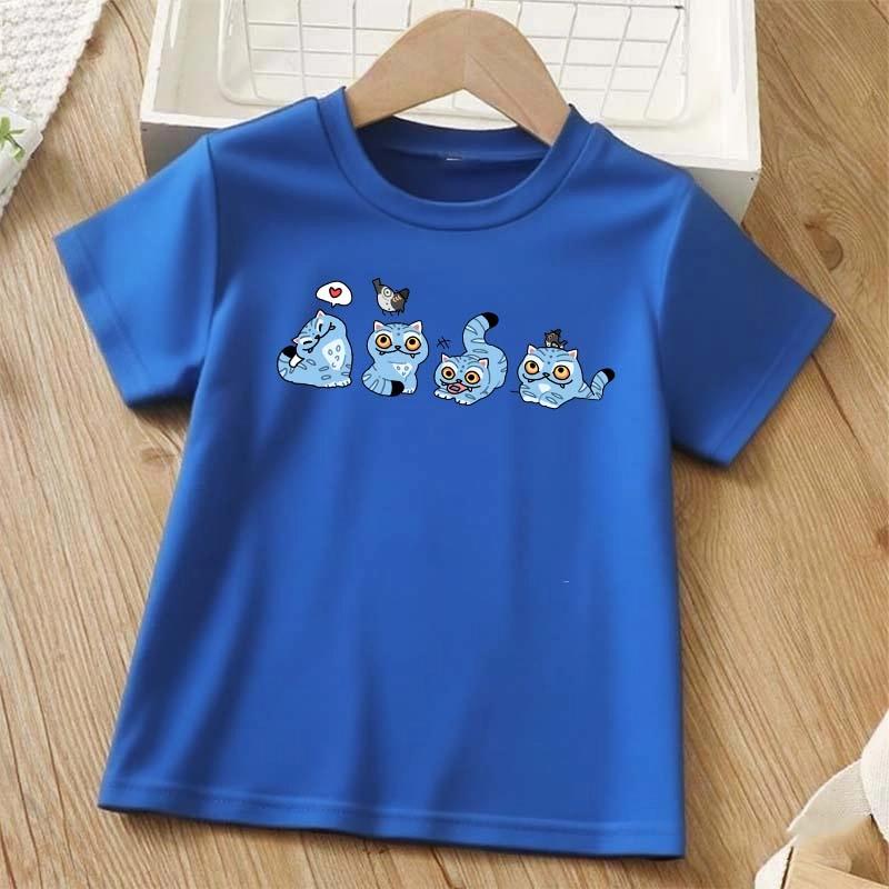 Blue Tiger Printed Children T-shirt Summer Girls Casual Loose Kawaii O-Neck Short Sleeve Colorful Tops Children Clothing