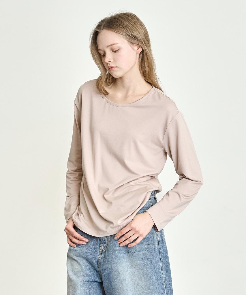 BASIC HOUSE Women'S Flowy Spandex U-Neck Oversized Long Sleeve T-Shirt Dark Beige