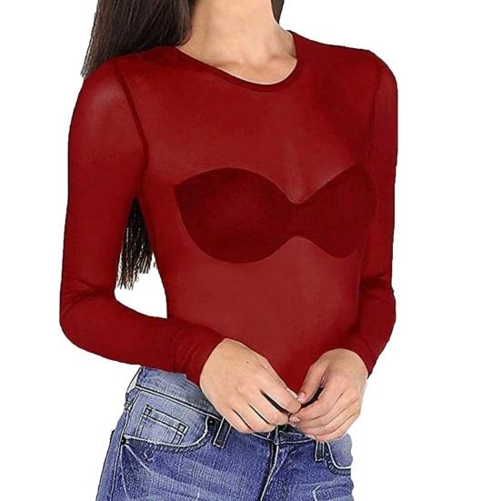 Women Tops Round Neck Long Sleeve Slim Fit Sheer Mesh Design Bottom Tops Sexy Casual Bottom Tops Vacations Parties Daily Wear