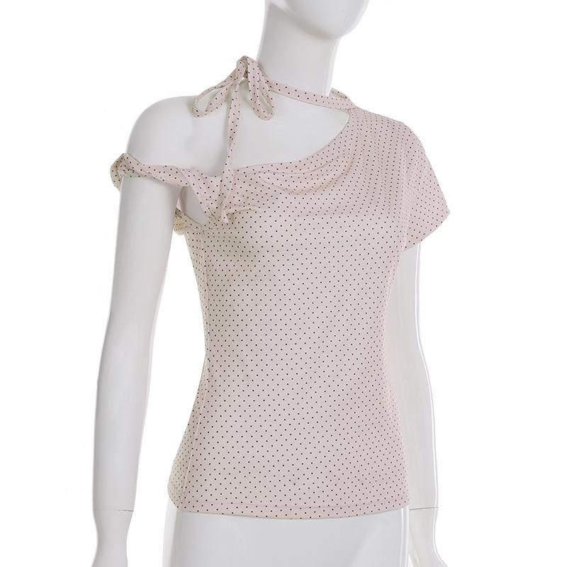 2026 New Women Sweet Polka Dot Halter Top Backless Knot Slim Fit Short Sleeve Tee INS Streetwear Fashion Casual Tops