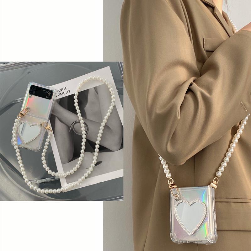 Dlouhý perlový crossbody řetízek skládací pouzdro na telefon pro Samsung Galaxy Zflip 3 5g laserový kryt pro Galaxy Zflip Zflip4 Funda Etui