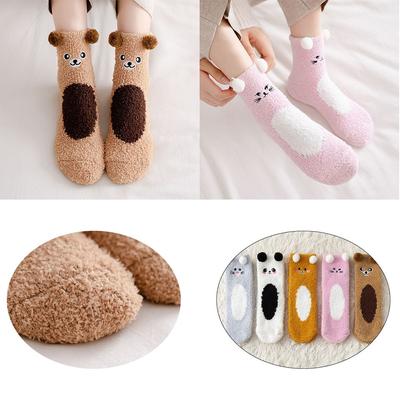 Women Ladies Girls Fluffy Sleep Bed Sock Plush Soft Thickening Cute Bear Coral Velvet Socks