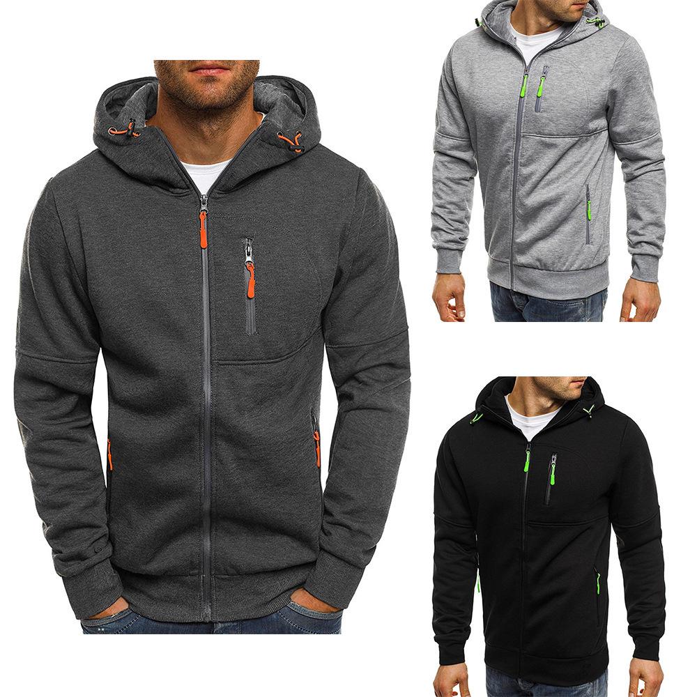 Large Size Men's Spring and Autumn Solid Outerwear Sports Fitness Hoodie Fashion Casual Zip-Up Coat with Pockets