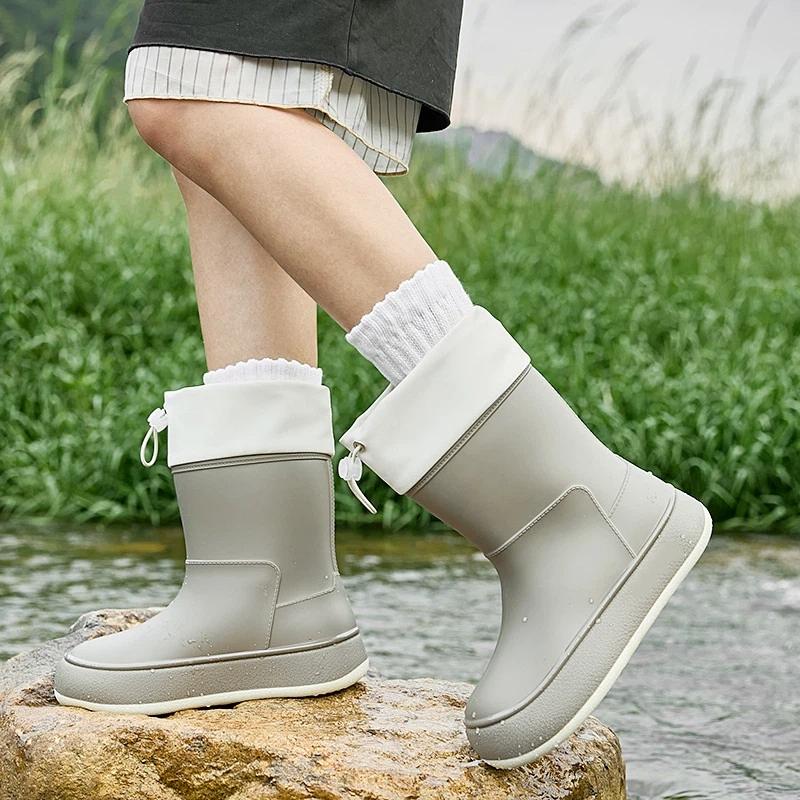 Women's Fashionable High End Anti Slip Waterproof Mid Tube Drawstring Rain Shoes