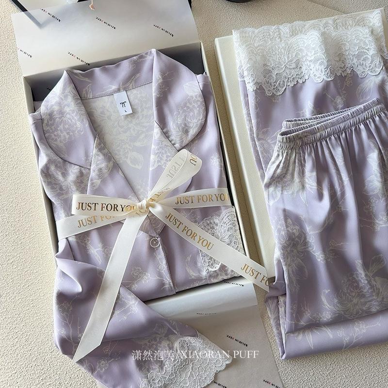 Light Luxury High-end Lace Lace Ice Silk Pajamas Women's Long-sleeved Trousers Thin 1011 New Spring and Summer Loungewear