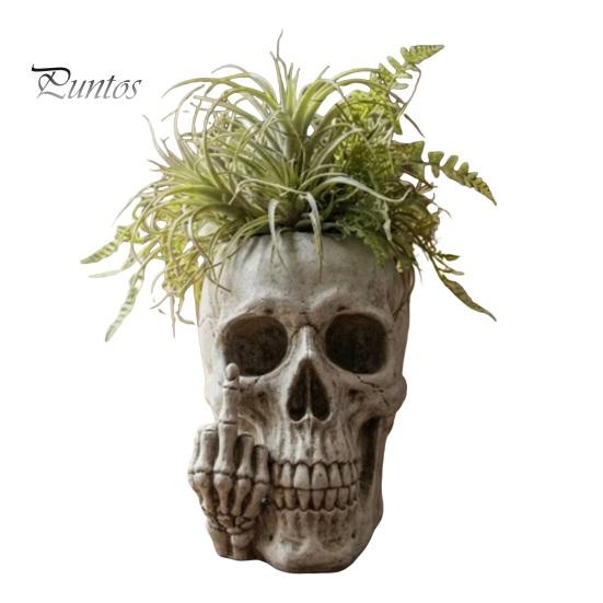 Succulent Container Skull Planter with Middle?Finger Gesture, Resin Pot, Gothic Skeleton Head Dark Aesthetic Gardening Flower Unique Desktop