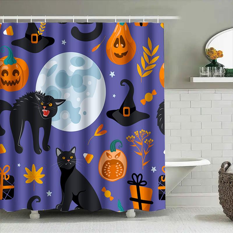 Halloween-Themed Shower Curtains With A Black Cat Pattern For Bathroom Decor Purple Print Design