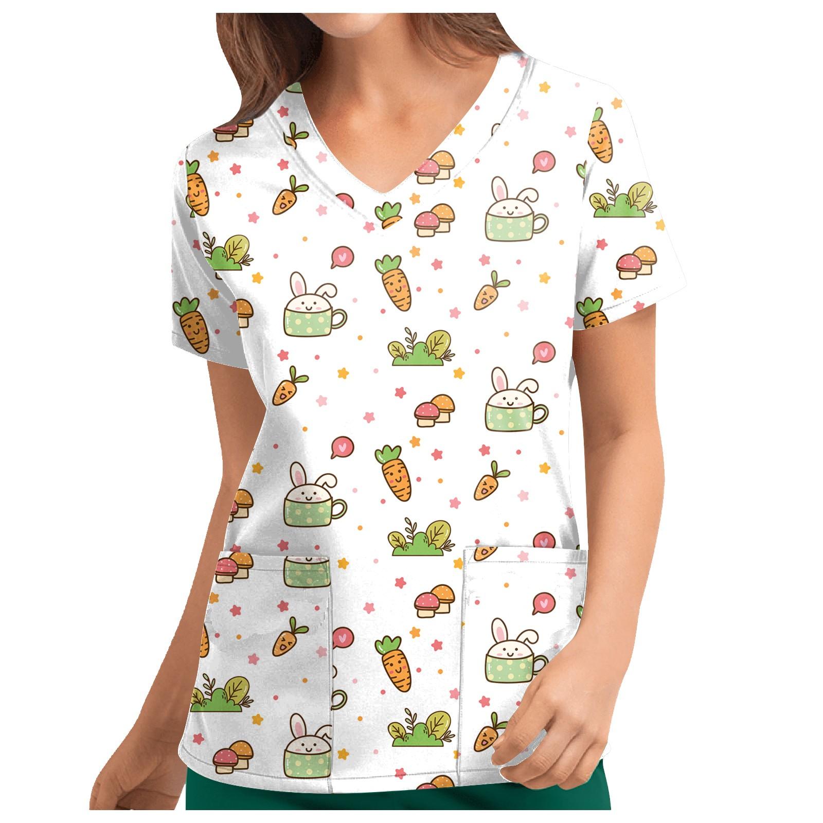 

Women s T-shirts Personalized Cute Print Short Sleeve V-neck Top Work Uniform Pocket Tops XL білий