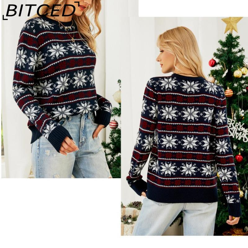 BITCED O-Neck Christmas Red Knit Sweater Christmas Outfit Long-Sleeve Snowflake Patterned Sweater