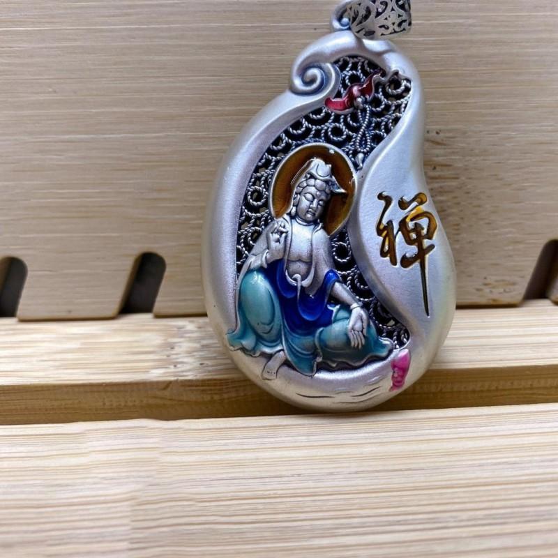 Solid Copper Buddha Pendant With Enamel Finish Hollow Carved Design Unisex Necklace Pearl Chain Or Hemp Cord