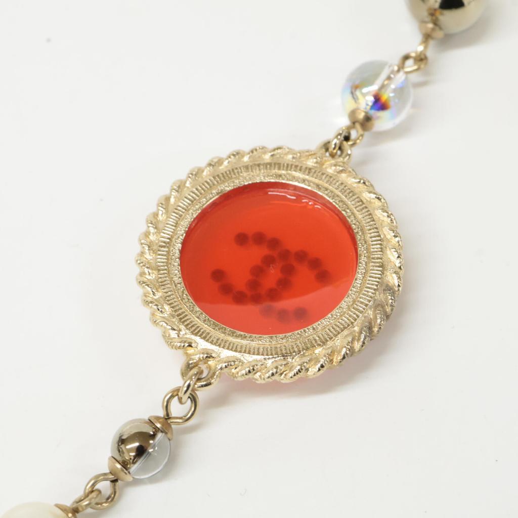 CHANEL A19 C CC Logos Round Plate, Faux Pearl, Long Necklace Light goldUsed