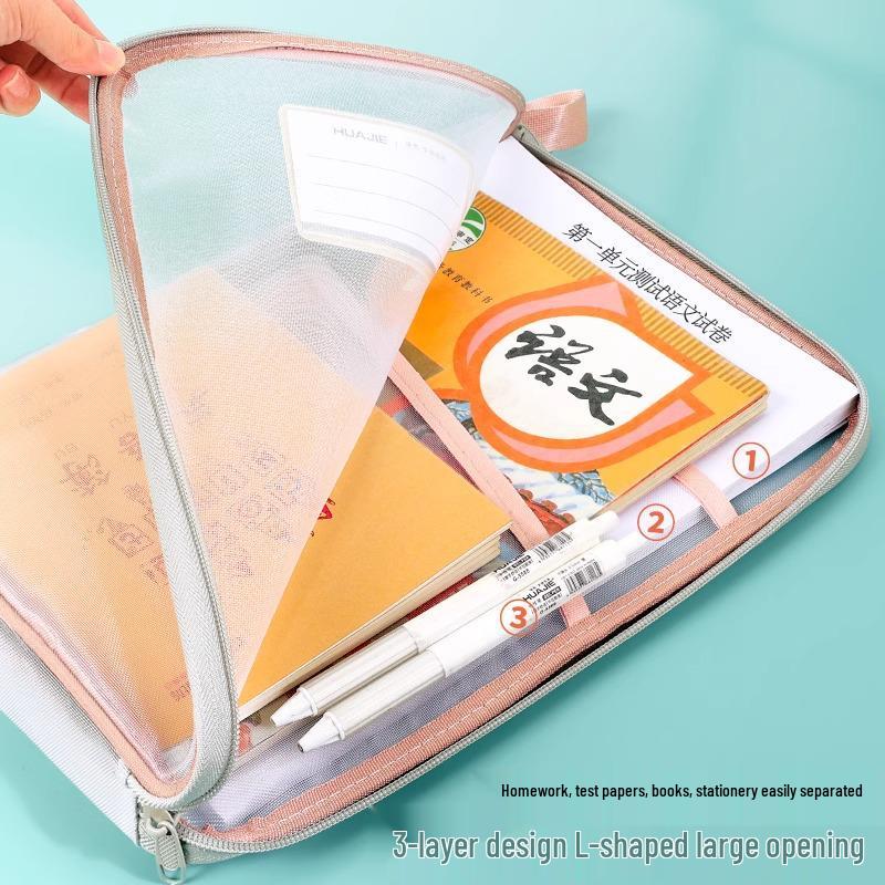 Large Capacity L-Shaped Zippered Nylon Mesh File Bag for Students