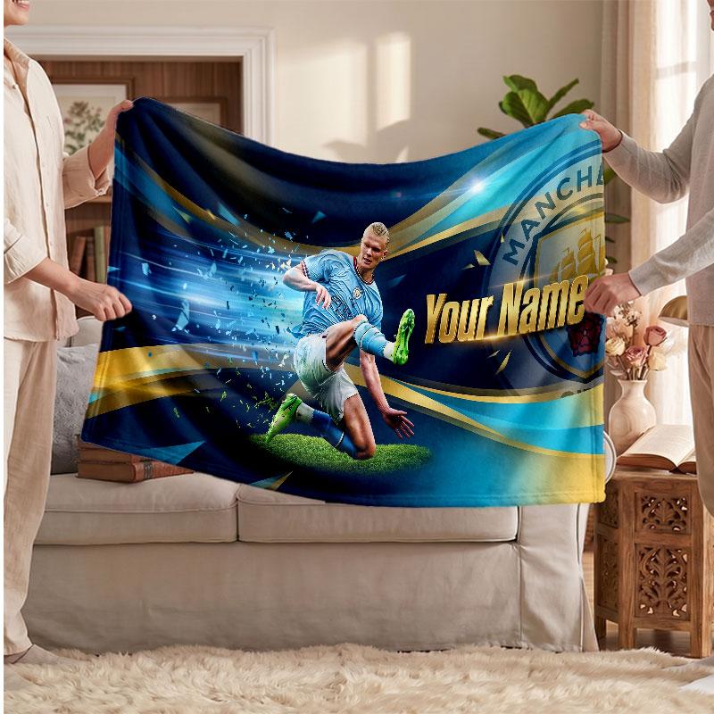 Erling Haaland Personalized Fleece Blanket With Football Logo, Custom Name Text Soft Warm Home Throw Blanket