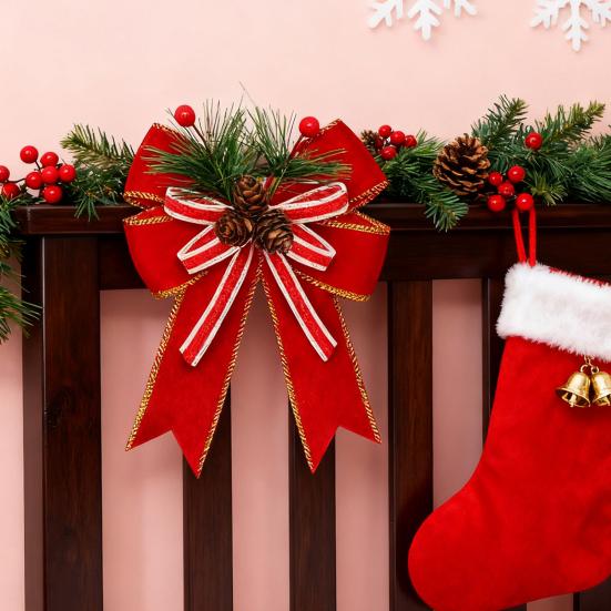 Yousheng Christmas Burlap Plaid Bow with Pine Cones Pine Needles Large Buffalo Plaid Bow Xmas Wreath Checkered Bow for Holiday Crafts Home Party Tree