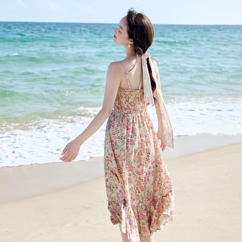 Yinman French Floral Beach A-Line Strappy Dress