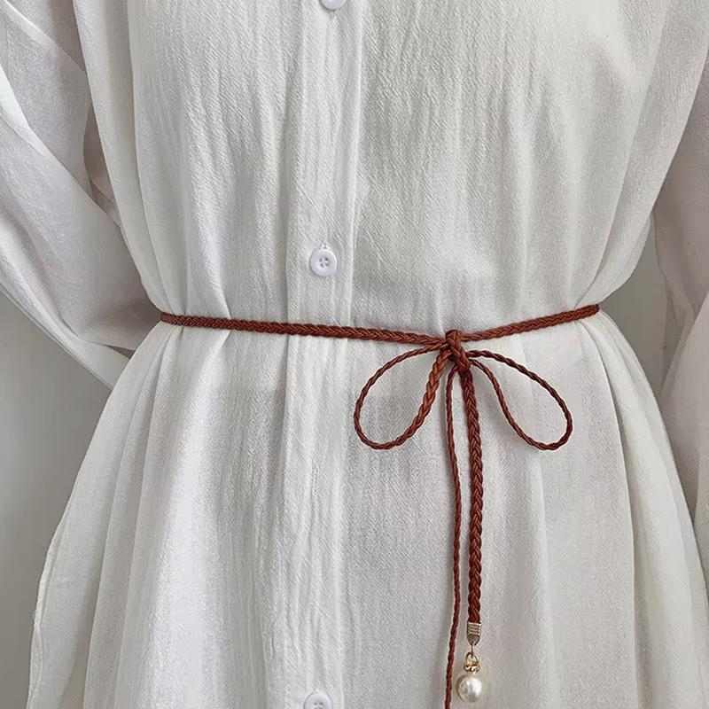 Elegant Braided Leather Pearl Belts For Women Lady Long Hemp Rope Thin Knot Waist Belt Bohemia Summer Tour Decor Waistband