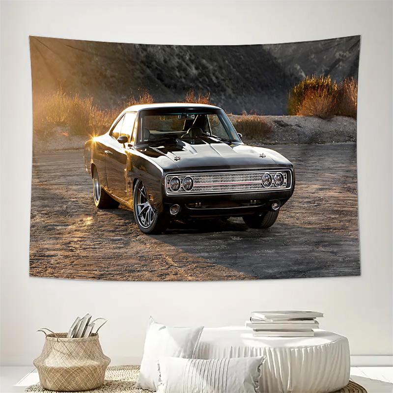 Classic Black Muscle Car Desert Sunset Wall Tapestry Machine Washable All Season Decor Art Print Vintage Design Home nontoxic