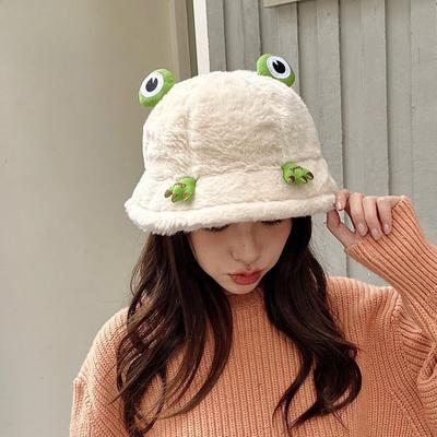 Women's Fashion Autumn and Winter Thicken Warm Rabbit Fur Hat Student Girl's Cute Korean Style Cartoon Frog Bucket Hat
