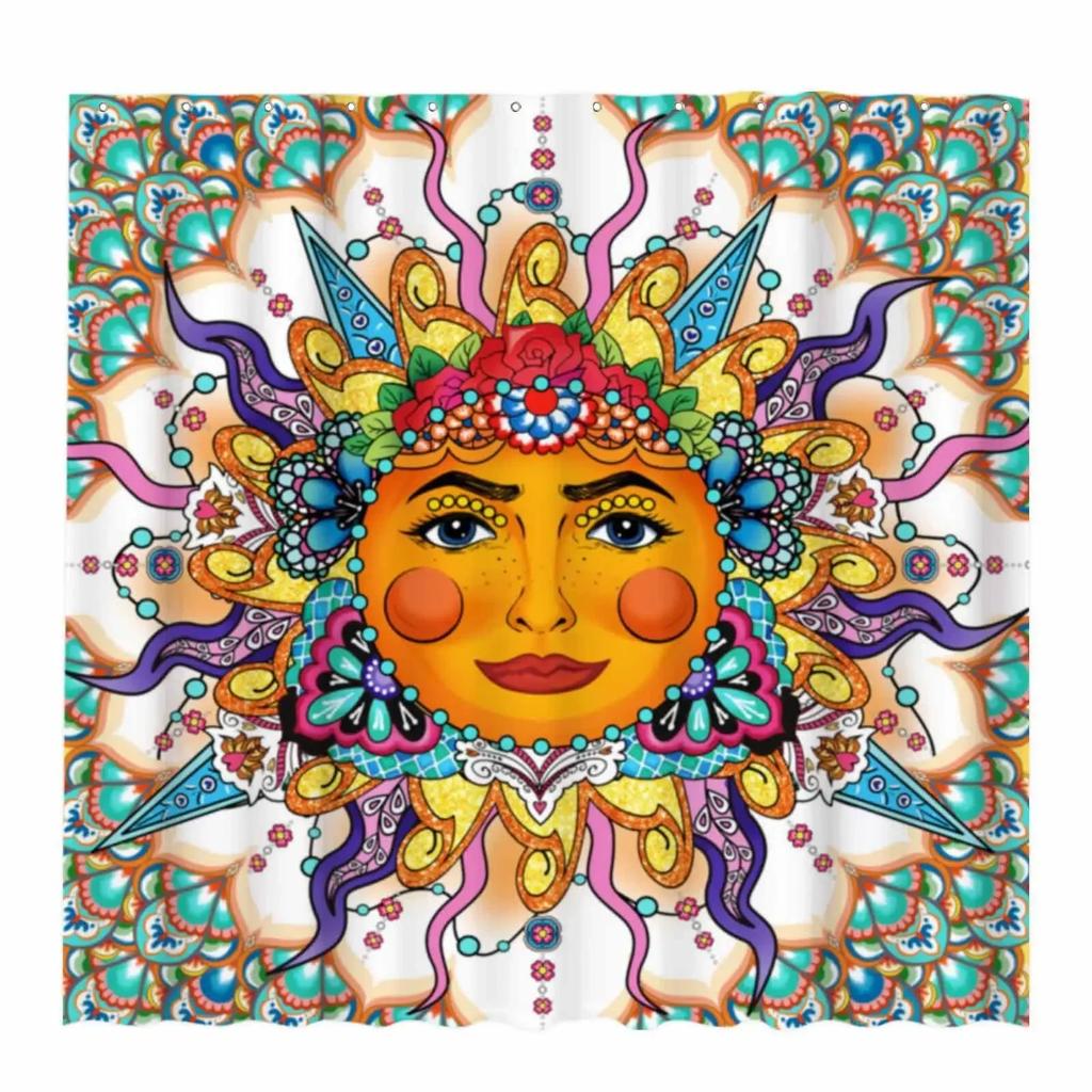 Mexican Floral Shower Curtain, Ethnic Art, Birds and Paisley, Flowers in White,Polyester, Waterproof, Bathroom Decor
