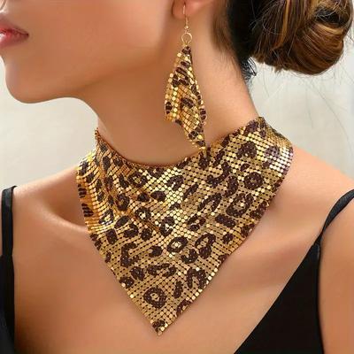 Set di gioielli alla moda con stampa leopardata, 3 pezzi, collana bavaglino sexy e orecchini pendenti, design vintage elegante, accessorio versatile ed elegante