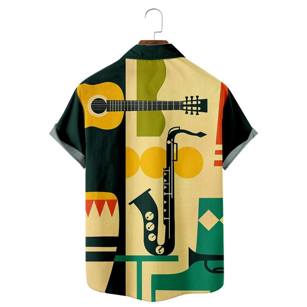 New Guitar Elements 3D Digital Printing Trend Loose Short Sleeve Shirt Men's Top Summer