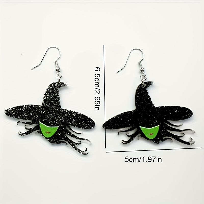 Pair of Black Glitter Witch Earrings with Green Grimace Accents - Punk Style, Perfect for Halloween, Daily Wear, Parties, and Travel