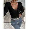 Womens V-Neck Long Sleeve Slim Fit Knit Top - Solid Color Cropped Sweater Layering Casual Chic Style