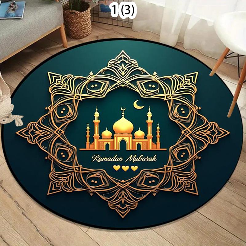 Luxury Islamic Round Area Rug with Golden Mosque Lantern Moon Star Print Decorative Floor Carpet for Ramadan Home Decor