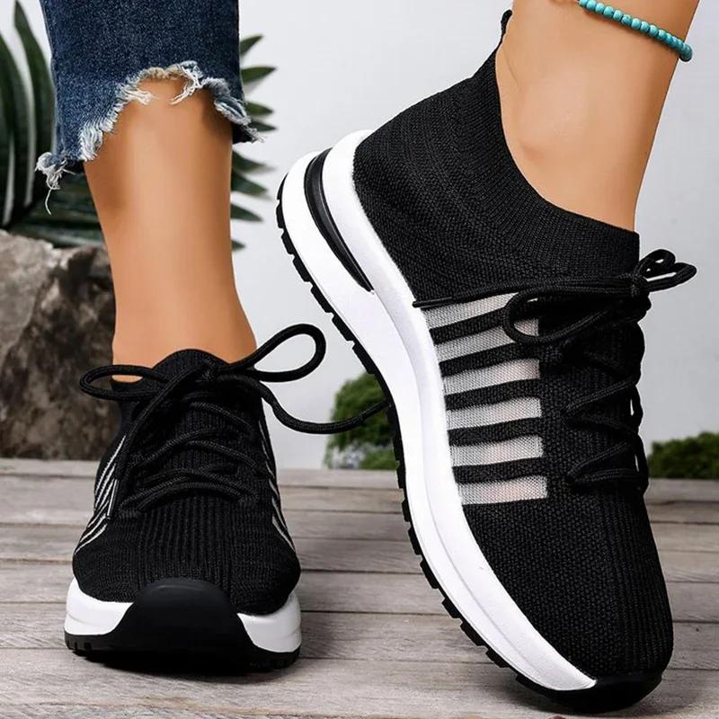 Fashion Black Breathable Mesh Sneakers Shoes Women Spring Autumn Comfortable Lace-Up Shoes Women Striped Lightweight Female Sports Shoes