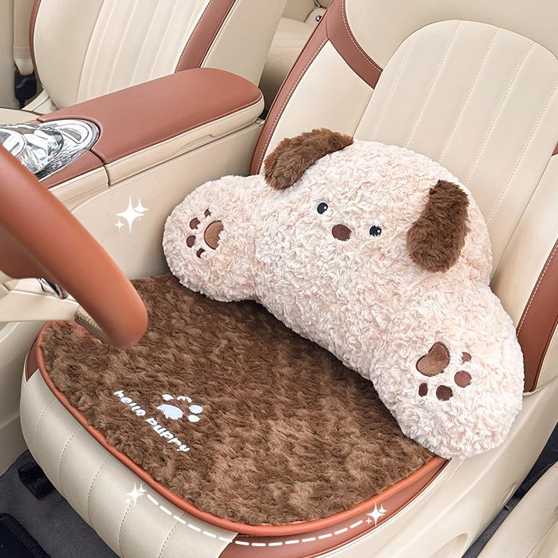 Winter Warm Plush Car Seat Cushion Universal Seat Supports Car Headrest Neck Pillow Plush Dog Cartoon Comfortable Waist Pillow