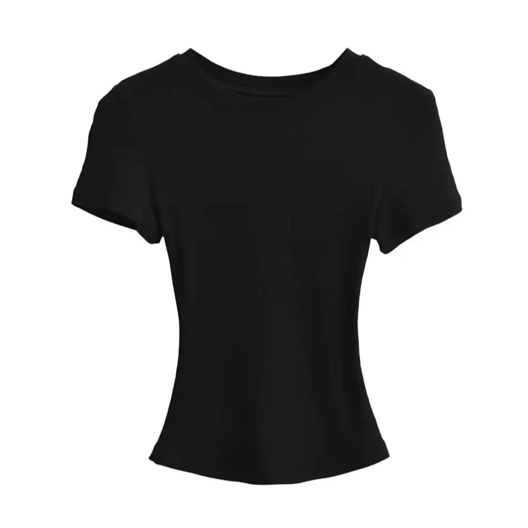 

Sexy tight threaded t-shirt for girls summer thin high elastic front shoulder crew neck American hottie short top short sleeve XL чорний