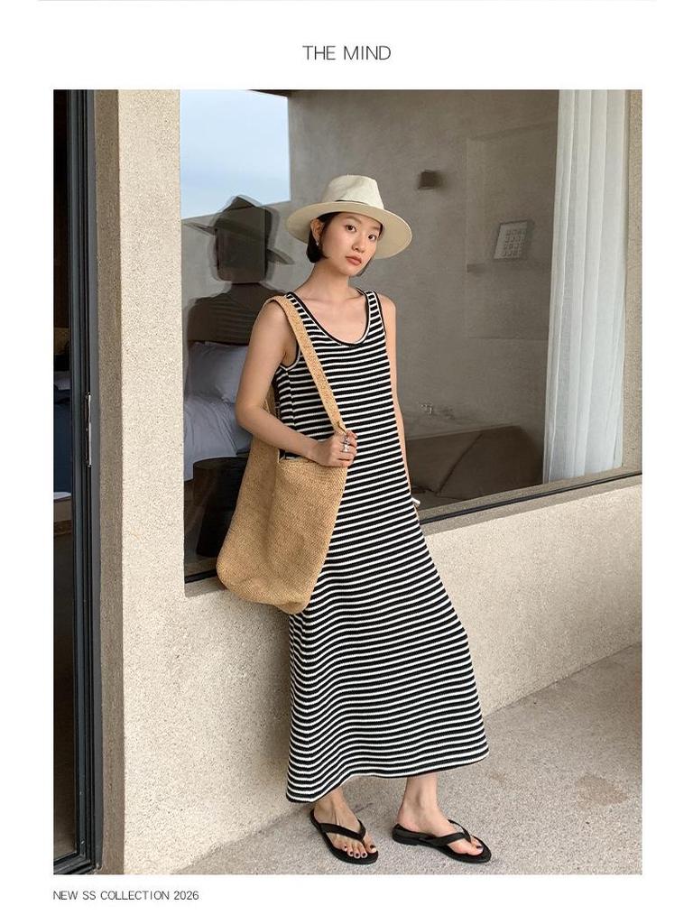 THE MIND Gestreiftes Westenkleid im koreanischen Stil - Frühling 2026, Vielseitig, Figurbetont T6231C