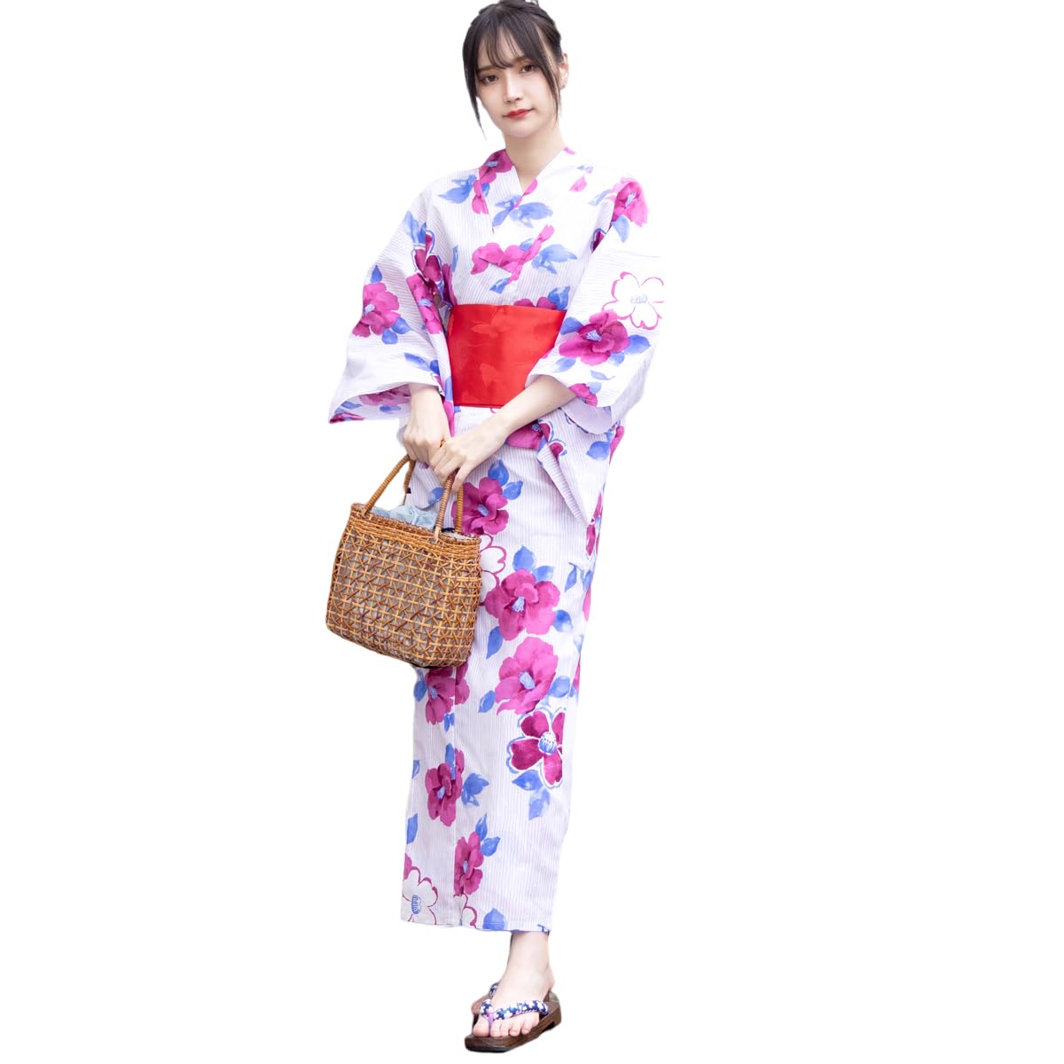 

Yukata 3 Piece Floral Elegant Japanese Easy to Tie Thong Geta One Size Fits Most [RAVIR] Women s Set, Camellia, Pattern, Striped, Style, Dress, Obi,