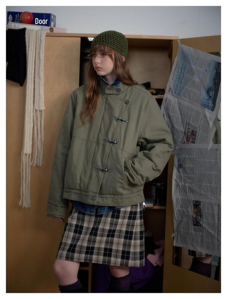 Módní Unisex Retro Praná Metalová Pracovní Bunda - Zimní Stojáček Bavlněný Kabát