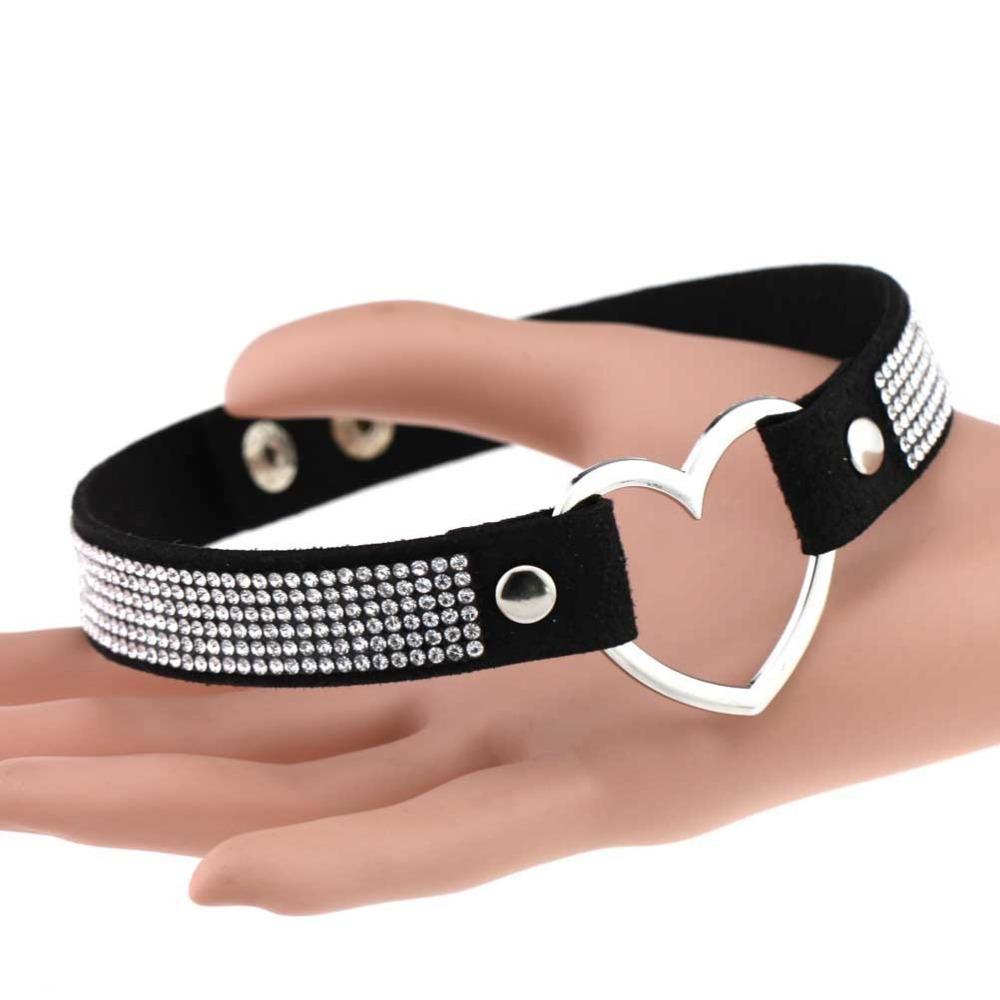 Black Leather Heart Rhinestone Choker Necklace Women Crystal Choker  Statement Chocker Collar Fashion Jewellery