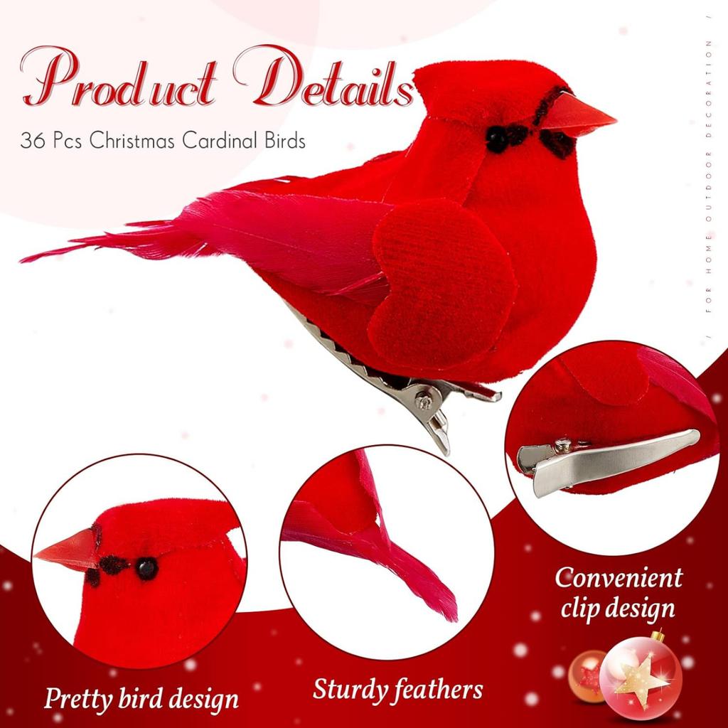 1 Pack 36pcs Christmas Red Feather Fake Birds - Decorative Ornaments For Crafts, Home Decor, And Party Displays