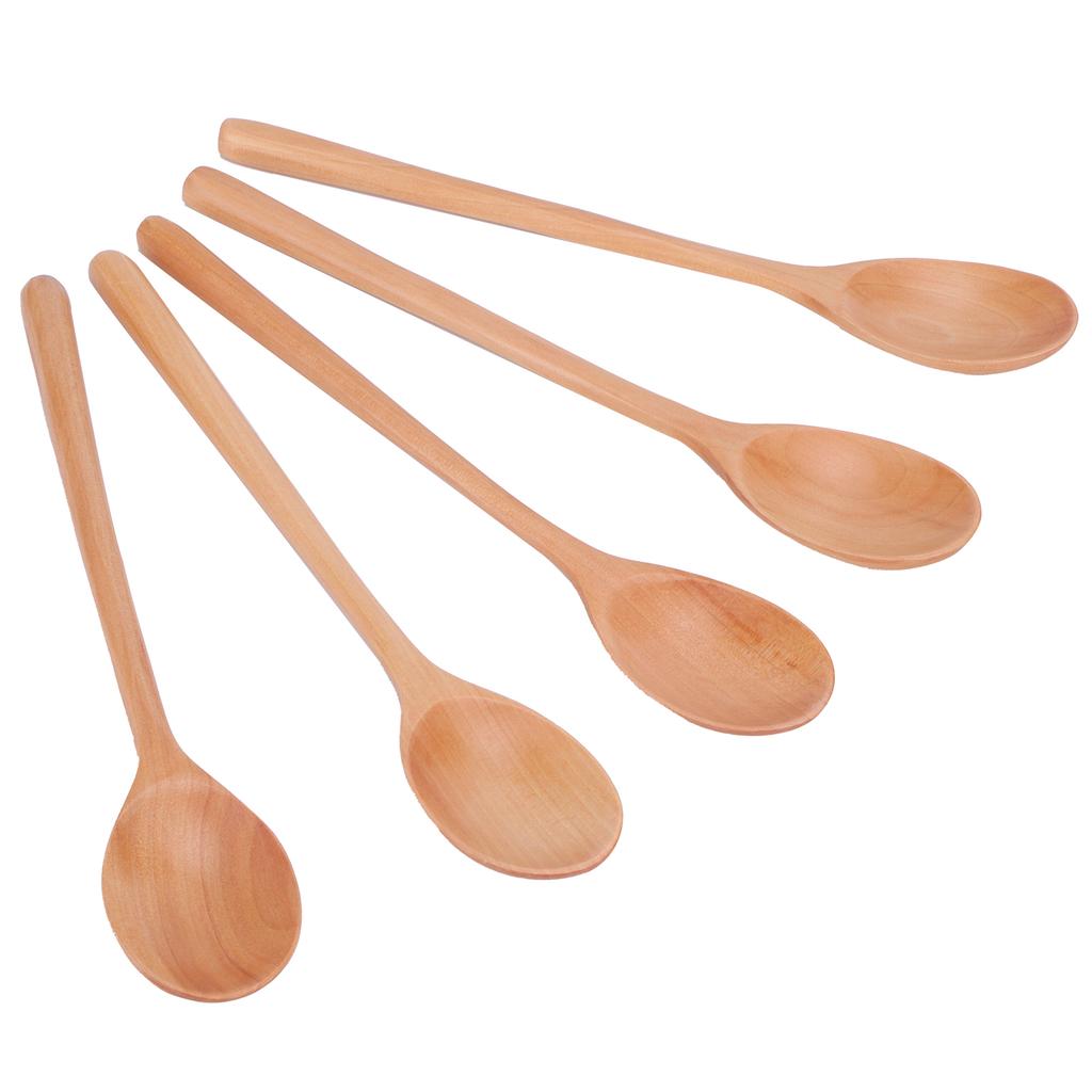 5PCS Wooden Spoon with Long Handle Soup Spoon for Barbecue Camping Party Home KitchenWood Color