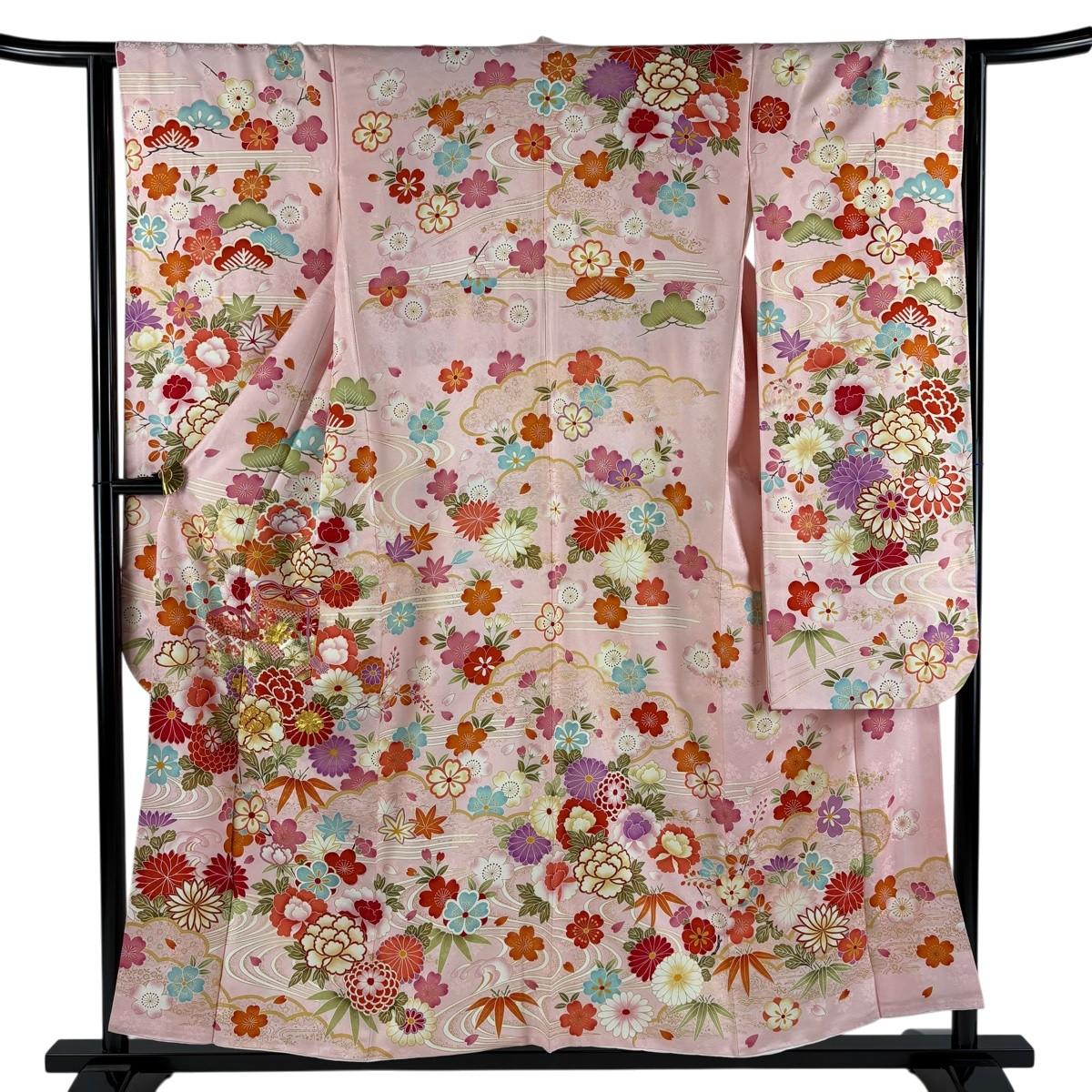 [Good condition] Furisode, length 154.5cm, sleeve length 64cm, medium lining, shellfish, pine, bamboo, and plum, gold thread, gold, silver, pink,