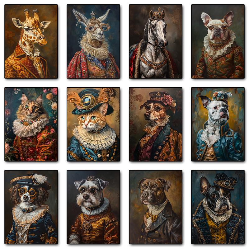 Premium Vintage Royal Animal Pet Portrait Posters and Prints Canvas Printing Wall Art Picture for Living Room Home Decor Gifts